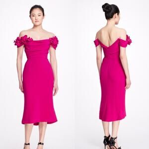 Marchesa Draped Off The Shoulder Crepe Midi Dress Floral Applique Pink Size 10